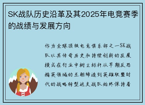 SK战队历史沿革及其2025年电竞赛季的战绩与发展方向